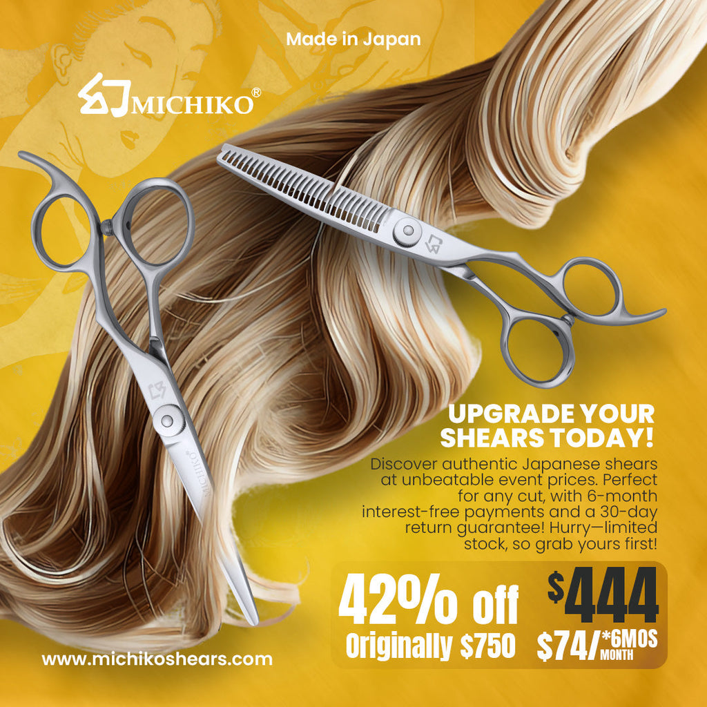 Event promotion featuring a high-quality shear and case – ideal for hairstylists and industry professionals.