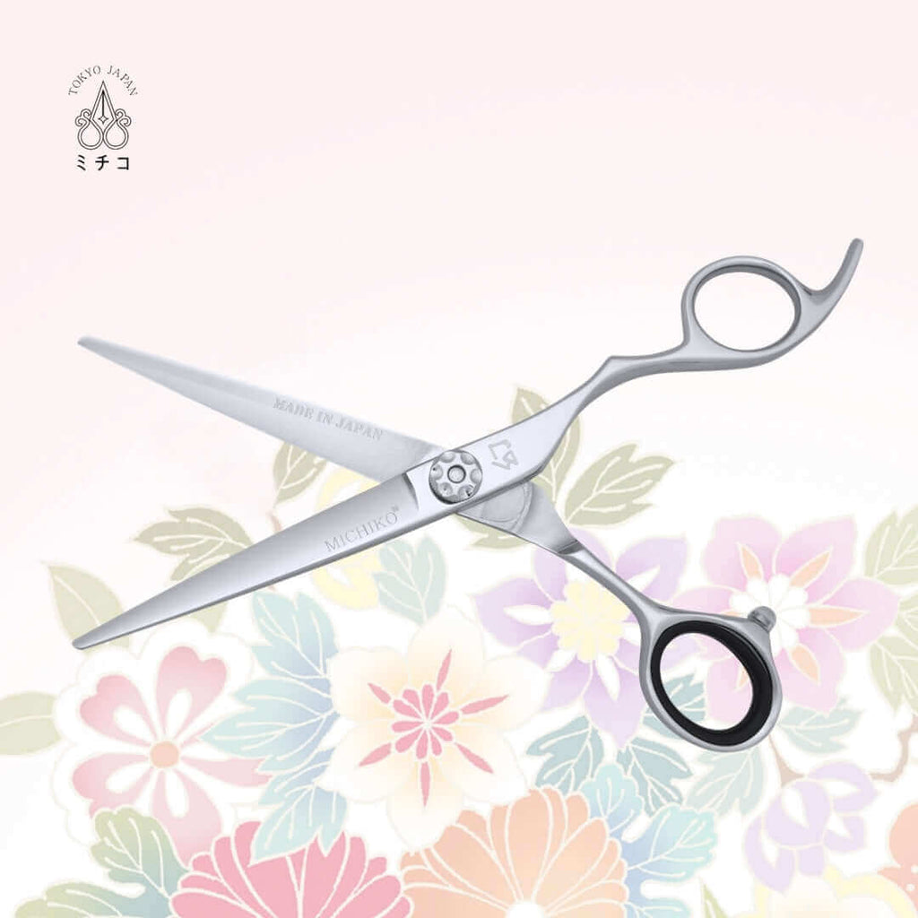 MICHIKO NIGATA 6.0-inch authentic Japanese hair shears in an open position, showing the 'Made in Japan' mark on the inside of the cutting blade.