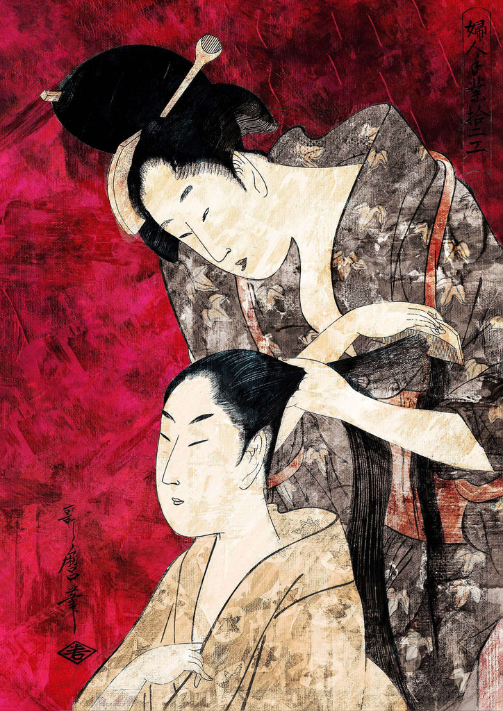 "Ukiyo-e artwork depicting a traditional Japanese kamiyui (hairdresser) styling a customer's hair."