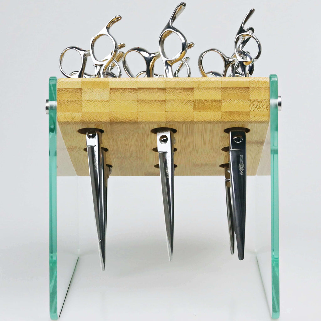 For 9 scissors, Scissors organizer: Patented design for safe storage of barber scissors across US, Europe, Japan, and Korea.