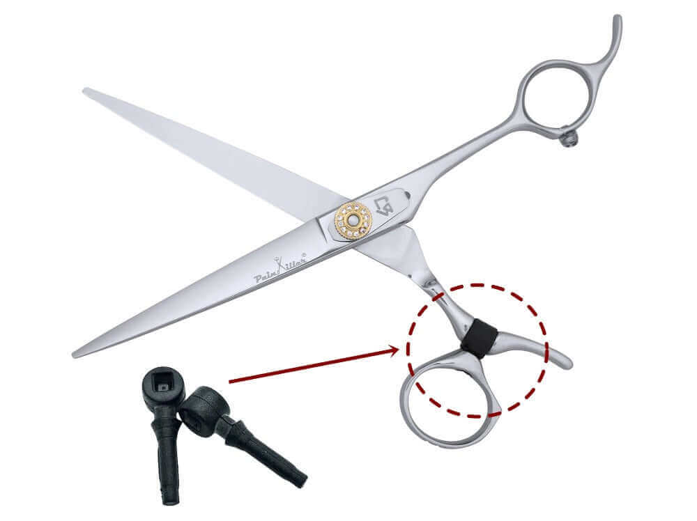 Michiko Painkiller series hair scissors: Ergonomic design with special rubber thumb ring connector.